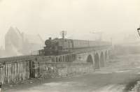 Last day of passenger service between Kilmacolm and Princes Pier. Very foggy. Cartsburn Viaduct and junction. 42695 on 12.40 down.<br><br>[G H Robin collection by courtesy of the Mitchell Library, Glasgow 31/01/1959]