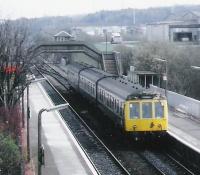 A 108 DMU at Cumbernauld before leaving for Springburn. Some damage can be seen which was due to vandalism.<br><br>[Brian Forbes //1990]