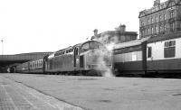 Class 40 263 at Aberdeen on 23 April 1973 with a special for Kyle of Lochalsh.<br><br>[John McIntyre 23/04/1973]