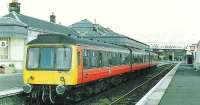 Old NBR station building and lift at Stirling where a 107 lies over in between trips to Glasgow.<br><br>[Brian Forbes /10/1990]