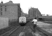 View north showing DMU railtour being piped into Aberdeen Waterloo on 26 May 1973.<br><br>[John McIntyre 26/05/1973]