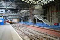 Installation of stairs between the cross-station walkway and the new through platform on the north side on 15 October 2006. A London - Aberdeen HST is standing at platform 19. <br><br>[John Furnevel 15/10/2006]