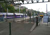 View from the top of the station car park on 22 October showing the east end stabling bays alongside the North Berwick platform. Note the old Motorail loading ramp still in place.<br><br>[John Furnevel 22/10/2006]