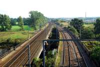 Looking south at the Eden Valley Viaducts. Carlisle is beyond. The viaduct on the right was built in the war to relieve the pressure of traffic on the WCML.<br><br>[Ewan Crawford 27/09/2006]