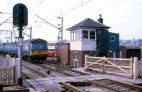 Glasgow Blue Train (AM3) unit 016 approaches Cardross LC with an eastbound service in May 1968.<br><br>[John McIntyre /05/1968]