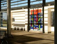 The new stained glass window recently unveiled at Edinburgh Park station seen from the Eastbound platform. [See image 12444]<br><br>[John Furnevel 23/11/2006]