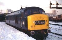 Class 46 no.177 had earlier arrived on the 0720 hrs York to Aberdeen service and is seen in the snow heading for Ferryhill MPD in November 1973.<br><br>[John McIntyre 21/11/1973]