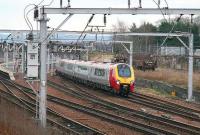 Heading home for Christmas. A Voyager speeds north through Carstairs on Christmas Eve 2006.<br><br>[John Furnevel /12/2006]