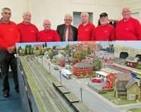 ScotRail's external relations manager John Yellowlees (centre) with Kyle Model Railway Club members (l-r) Roy Garrett, Hugh McCrindle, David Wyllie, Tom Rout, Ed Bristow, and Ian Blain [see news item].<br><br>[First ScotRail 16/04/2012]