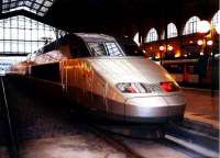 SNCF TGV service standing in the shadows at Paris Nord in January 1994. <br><br>[John Furnevel 15/01/1994]