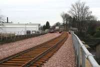 The bridge across the A908 Whins Road to the east of Alloa station on 23 January 2007 with track now in place. On the left is the rear of the <i>Asda</i> Superstore.<br><br>[John Furnevel 23/01/2007]