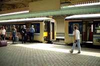 Class 155s at Cardiff Central.<br><br>[John McIntyre /08/1990]