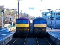 Sleeper stalwarts nos 90028 and 90027 standing in the east end locomotive bay at Waverley on 20 January 2007.<br><br>[John Furnevel 20/01/2007]