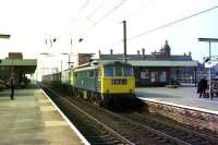 Electric locomotives 86045 and 84006 on a Chrysler Linwood to Coventry container train through Wigan North Western on 27 March 1974.<br><br>[John McIntyre 27/03/1974]