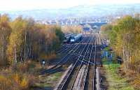 MGR trains sit in the sidings at Barrow Hill. View looks south. The line to the left is the recently closed line to Creswell, Oxcroft, Seymour Junction and Bolsover all of which have closed. That in the centre is to Rotherham.<br><br>[Ewan Crawford 19/11/2006]