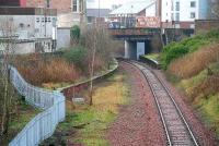 Looking west from Crawford Bridge (no relation) towards Easter Road station on 12 February. The Abbeyhill spur came in from the left while straight ahead is the line which now terminates at Powderhall.<br><br>[John Furnevel 12/02/2007]