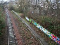 The abandoned platform serving Meadowbank Stadium looking south east towards Portobello and the ECML in February 2007. It was built to handle the shuttle service from Waverley which ran during the Commonwealth Games. <br><br>[John Furnevel 12/02/2007]