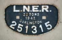 <h4><a href='/locations/P/Plates,_signs,_notices_etc'>Plates, signs, notices etc</a></h4><p><small><a href='/companies/L/London_and_North_Eastern_Railway'>London and North Eastern Railway</a></small></p><p>LNER 20T Wagon plate from 1942 Darlington wagon no. 251315. 9/18</p><p>08/02/1980<br><small><a href='/contributors/Alistair_MacKenzie'>Alistair MacKenzie</a></small></p>