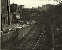 Some Deeside trains ran through to Schoolhill, where schoolboys at Robert Gordon's College arrived by day; and theatre goers by night. The platforms can be seen in this 1976 view. I recall one of the buildings on the left carrying a sandwich board on a 4th floor balcony saying LEARN TO DANCE HERE. Not on the balcony, I trust.<br><br>[Ken Strachan 10/03/1976]