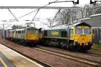 86605+86613 take the daily Crewe - Coatbridge Freightliner service through Carstairs on 19 February passing 66554 with coal empties held in the down loop. <br><br>[Bill Roberton 19/02/2007]