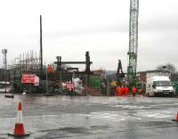 Looking north across the A907 at work on the entrance to the station car park and the old Wagonway Bridge at Alloa on 22 Feb. The sign reads <I>Wagon Road Path Closed Ahead.</I><br><br>[John Furnevel 22/02/2007]