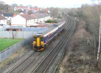 A First ScotRail 156 dmu takes the Newcastle line out of Carlisle in February 2007 having just passed Durranhill. <br><br>[John Furnevel 26/02/2007]