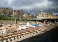 Waverley west end seen through the window of a train approaching platform 14 on 3 March with new track laid up to the end of platform 15 in the foreground.<br><br>[John Furnevel 03/03/2007]