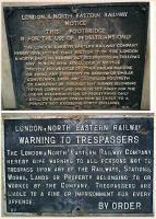 <b>LNER</b> No Trespass sign located at south end of west platform of Barnhill Station - NBR City of Glasgow Union Line. FRUIT sign from standard van on builders site in Torrance.<br><br>[Alistair MacKenzie 15/01/1980]