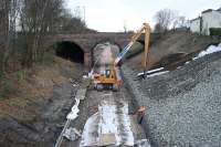 Cutting work looking west to Alloa West LC. A huge new footbridge has appeared at Alloa West LC. Note the track protection.<br><br>[Ewan Crawford 17/03/2007]