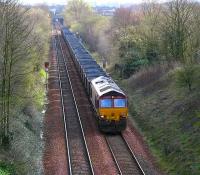 Westbound Longannet - Hunterston coal empties between Bargeddie and Baillieston in April 2007.<br><br>[John Furnevel 23/04/2007]