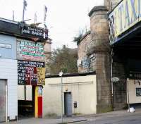 Part of the south abutment of the CGU viaduct in the Gallowgate on 1 April 2007 - with various interesting messages alongside.<br><br>[John Furnevel 01/04/2007]