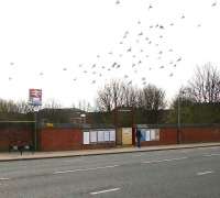 View east over the entrance to Bellgrove station on a Sunday morning in April 2007 looking like somebody opened the wrong door on a pigeon special! <br><br>[John Furnevel /04/2007]