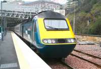 A Midland Mainline liveried HST forming a Virgin CrossCountry service to Birmingham New Street standing at platform 2 at Waverley on 13 April. <br><br>[John Furnevel 13/04/2007]