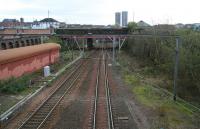 View towards Bellgrove from High Street Junction on 8 April 2007 above the point wher e the CGU line from Gallowgate joined up with the GCDR. Note the original width of the trackbed at this point. The major goods depots at High Street and College stood behind the camera. <br><br>[John Furnevel 08/04/2007]