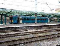 Railcar for the Cumbrian Coast line waits in the M&C bay at Carlisle on 18 April 2007.<br><br>[John Furnevel 18/04/2007]