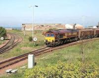 Coal empties leaving the south end of Falkland Yard on their way to Killoch on 3 May 2007. The lines on the left lead to Ayr harbour.<br><br>[John Furnevel 03/05/2007]