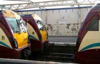 EMUs stabled in Gourock station on Sunday 29 April. <br><br>[John Furnevel /04/2007]