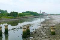 Guard Bridge paper mill. Two rail connections from the St Andrews line crossed the main road, it was a main railfreight user until <I>Demon Beeching</I>.The stumps were supportive of a metal viaduct over the River Eden which carried the line between St.Andrews and Leuchars Junction which closed in 1969.<br><br>[Brian Forbes 10/06/2007]