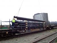 Pipe loading in Guild Street yard in June 2007. The days at Guild Street are numbered with work currently underway on the provision of replacement freight handling facilities at Raiths Farm near Dyce. <br><br>[Mick Golightly /06/2007]