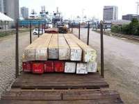 Trainload of timber in Guild Street yard, Aberdeen in June 2007. The view east shows the exit onto Market Street in the background and beyond that the dock area. <br><br>[Mick Golightly /06/2007]