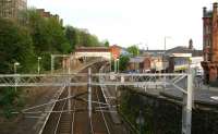 Early morning sunshine on Port Glasgow. View west over the station on Sunday 29 April 2007. The main station entrance from Princes Street can just be seen centre right.  <br><br>[John Furnevel 29/04/2007]