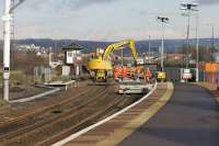 Looking north from Montrose station showing the track renewal work on 2 March 2007.<br><br>[Duncan Ross 02/03/2007]