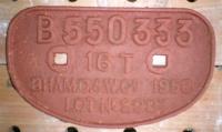 <h4><a href='/locations/P/Plates,_signs,_notices_etc'>Plates, signs, notices etc</a></h4><p><small><a href='/companies/B/Birmingham_Railway_Carriage_and_Wagon_Company'>Birmingham Railway Carriage and Wagon Company</a></small></p><p>Wagon plate in sidings at Yoker bearing the legend BHam C&WCo - 1958 - B550333 - Lot No 2907, on steel bodied mineral wagon. 11/18</p><p>18/05/1980<br><small><a href='/contributors/Alistair_MacKenzie'>Alistair MacKenzie</a></small></p>