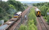 A departmental working from Leith South arrives at Millerhill behind 66125 on 9 July passing a Newcraighall terminated service about to leave the turnback siding. <br><br>[John Furnevel 09/07/2007]