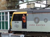 Are we there yet? Driver of 92004 <I>Jane Austen</I> takes a peek put of his cab.<br><br>[Graham Morgan 30/06/2007]