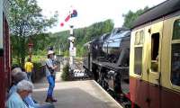 Crew of Black 5 45212 await the green flag at Levisham on 31 July. <br><br>[John McIntyre 31/07/2007]