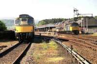 D5394 propels the stock of <I>The Royal Scotsman</I> into platform 3 following non-appearance of the BR loco while 47674 stands at platform 1 with a PW train on 05 July 1991.<br><br>[John McIntyre 05/07/1991]