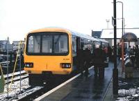 Pacer 143006 stands at the new Bathgate terminus during an <I>open day</I> held on 23 March 1986, the day before relaunch of the passenger service. Note Cartics in the sidings on the left, an area now occupied by shops. [See image 31158]<br><br>[David Panton 23/03/1986]