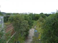 Looking west towards the site of Ladyburn Shed, this view shows the trackbed that connected the goods yard at Bogston with the main line and James Watt Dock<br><br>[Graham Morgan /08/2007]