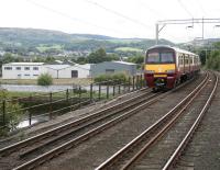 An Airdrie bound train crosses the River Leven viaduct on 9 September shortly after restarting from Dalreoch.<br><br>[John Furnevel 09/09/2007]